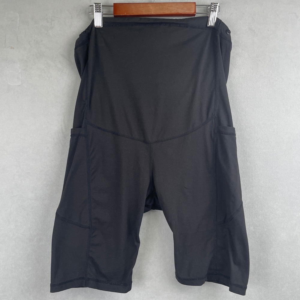 Black Maternity Biker Shorts‎ High Waist Over Belly Pockets Stretch Activewear M